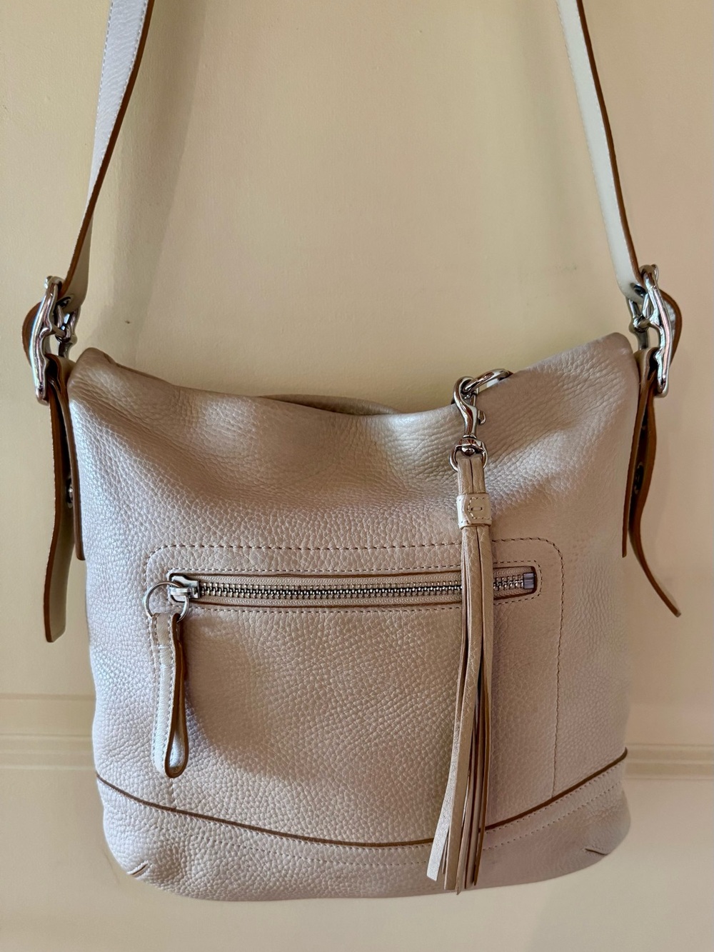 Coach Beige Pebbled Leather Shoulder Bag with Tassel